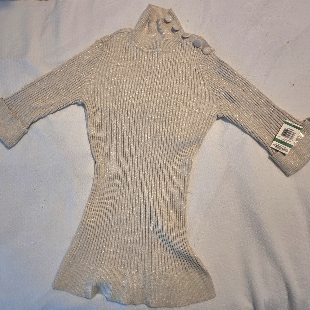 INC International Concepts Cream Metallic Ribbed Short-Sleeve Turtleneck
